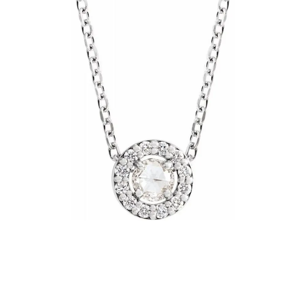 0.25ct Round Rosecut Diamond Halo Necklace in Solid Gold