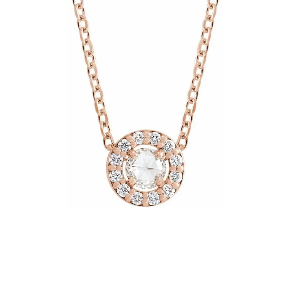 0.25ct Round Rosecut Diamond Halo Necklace in Solid Gold