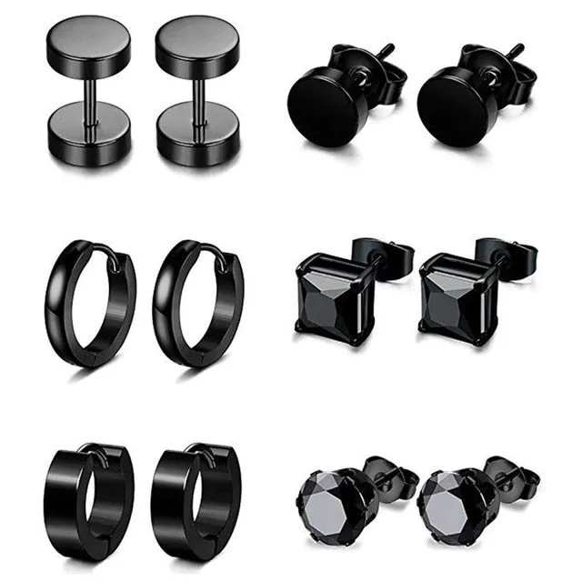 12 & 24 Pairs Round and Square Korean Stainless Steel Small Punk Hoop and Stud Earrings