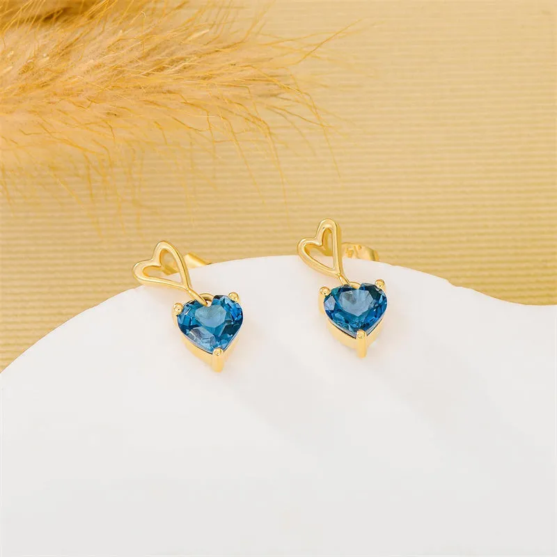 14K Solid Gold Natural London Blue Topaz Drop Earrings for Women 14K Real Gold 5MM heart Cut Genuine Blue Topaz Stud Earrings