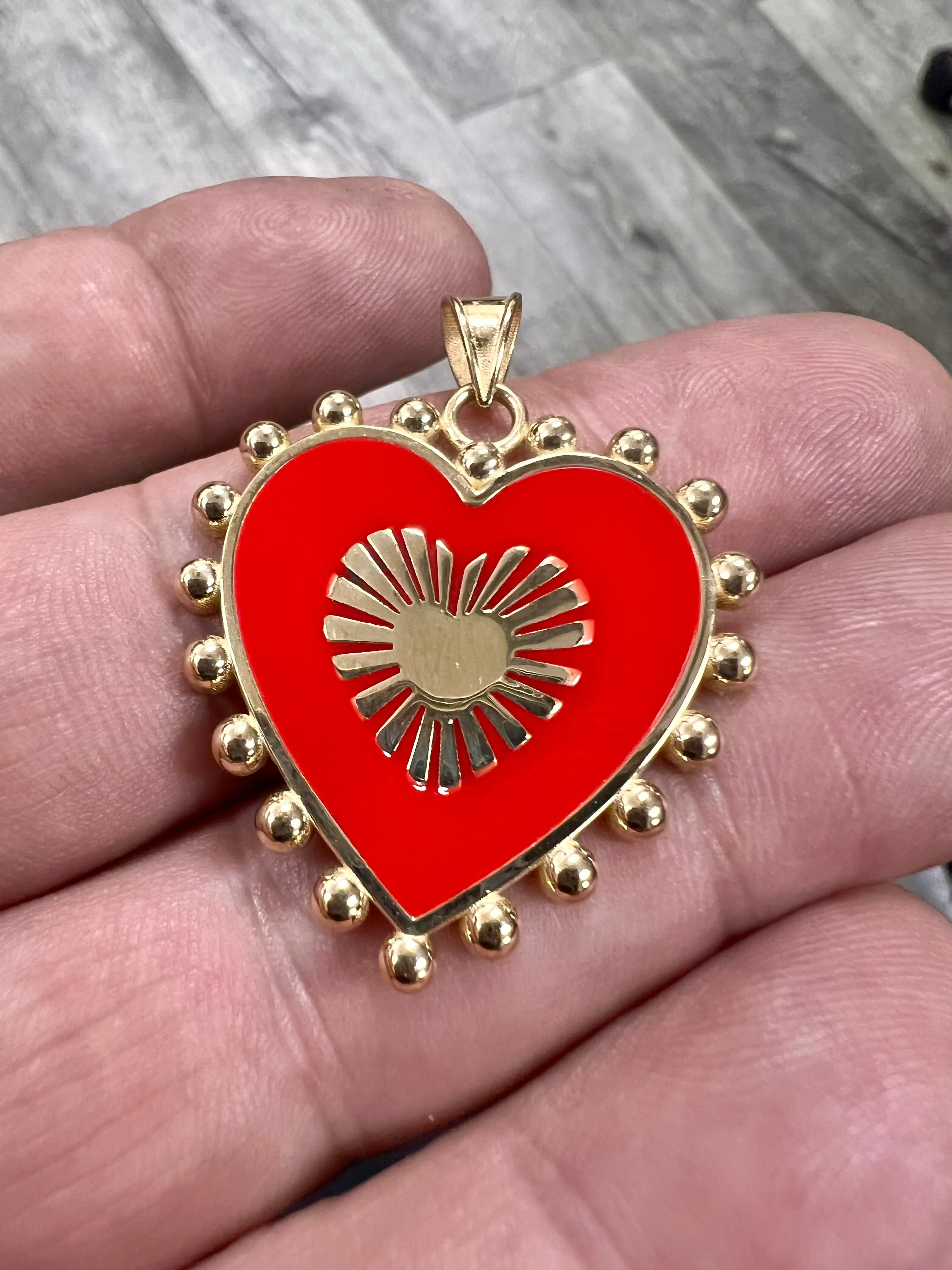 14K Yellow gold set military chain red heart enamel pendant-63838