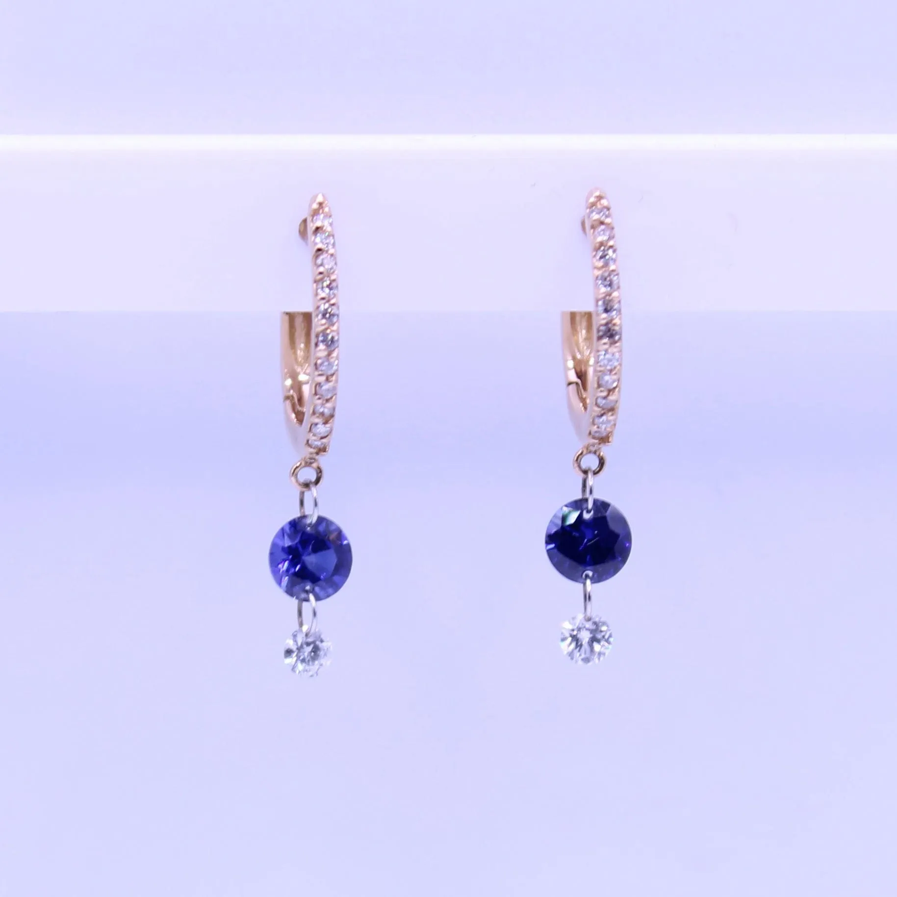 18K Gold Drilled Blue Sapphire and Pave Diamond Huggie Hoops Earrings