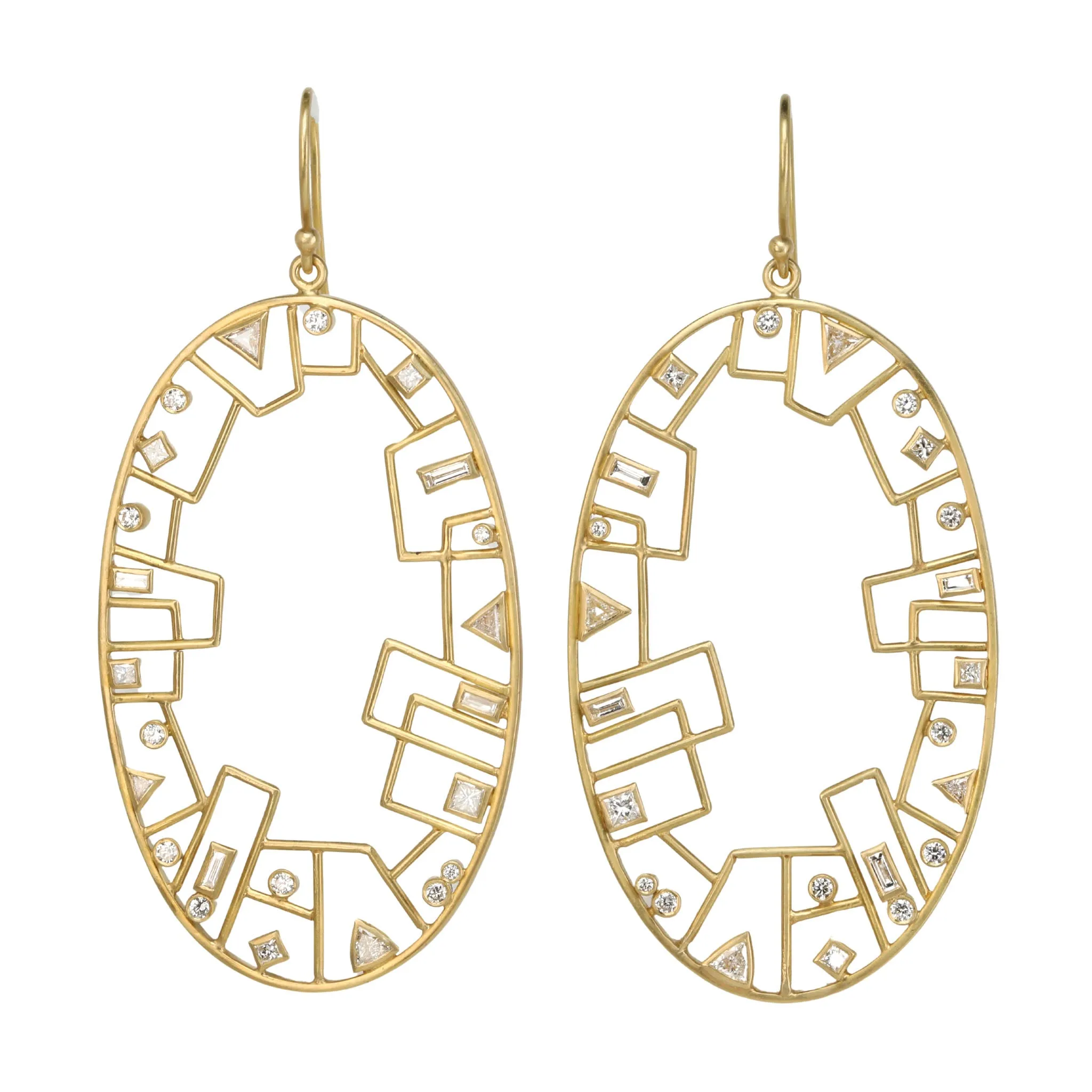 18K Gold Large Grid Skyline Front-Facing Hoops with Diamonds