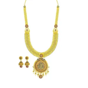 22K Yellow Gold Necklace & Jhumki Earrings Set W/ CZ, Ruby, Emerald, Pearls & Laxmi Pendant on U-Shaped Beaded Chain