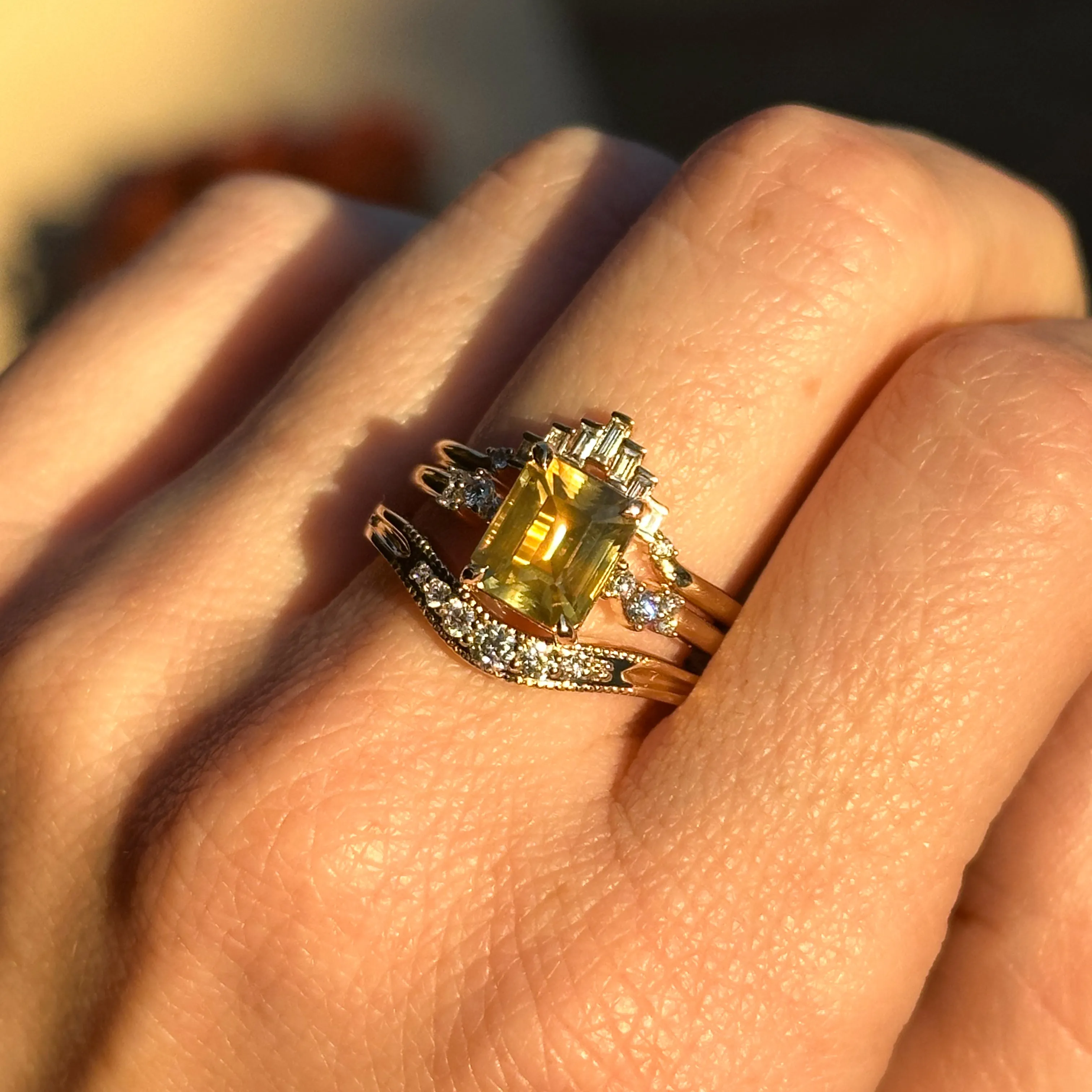 2.62ct Emerald Cut Parti Sapphire and Diamond Starry Night Low Profile Solitaire in 14k Yellow Gold