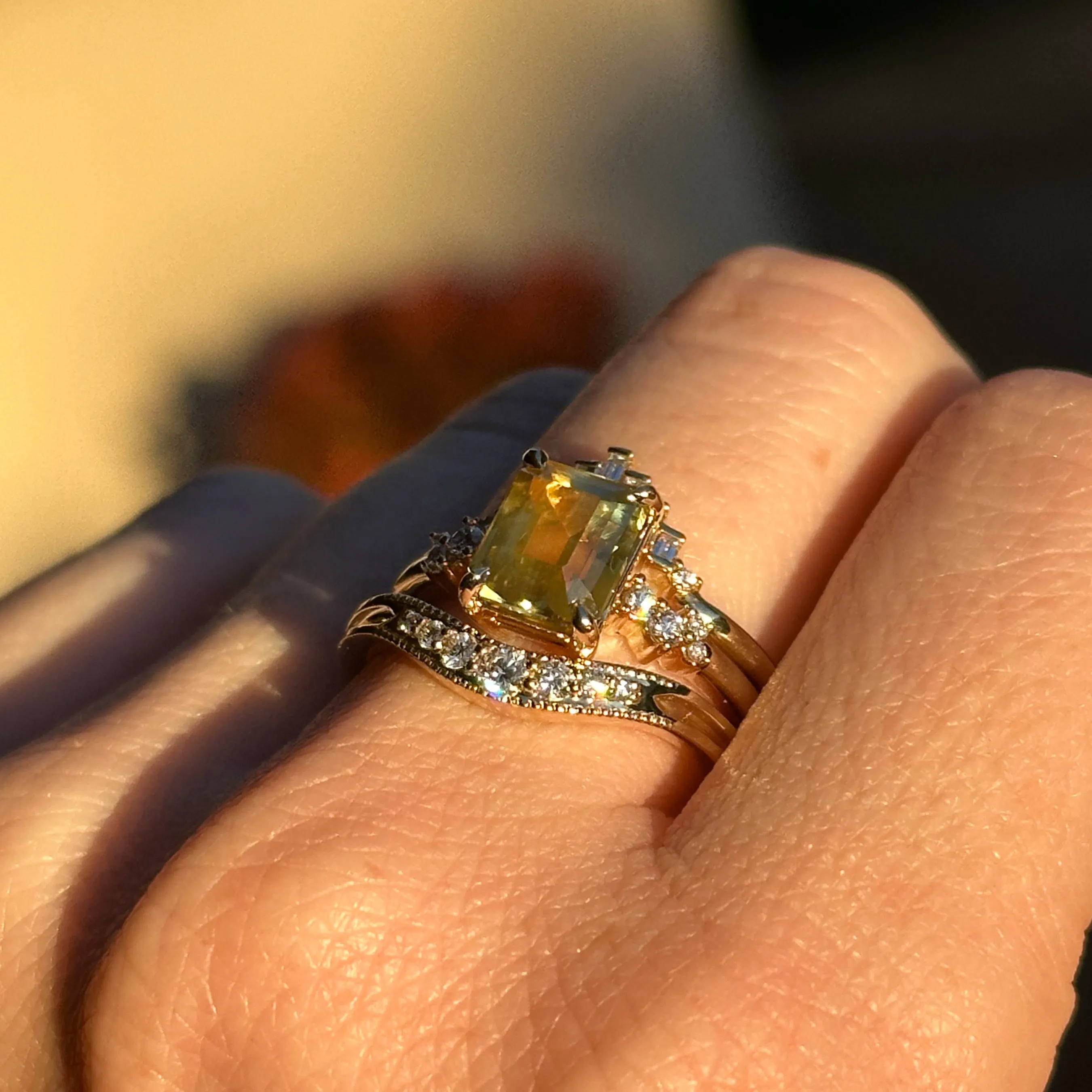 2.62ct Emerald Cut Parti Sapphire and Diamond Starry Night Low Profile Solitaire in 14k Yellow Gold