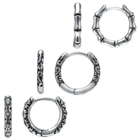 3 Pairs Gothic Ear Rounds 316L Stainless Steel Punk Hoop Earrings Set