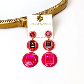 3 Tier Multicolor Enamel Framed Stone Drop Earrings in Fuchsia Pink