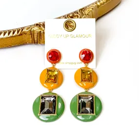 3 Tier Multicolor Enamel Framed Stone Drop Earrings in Red/Yellow/Green