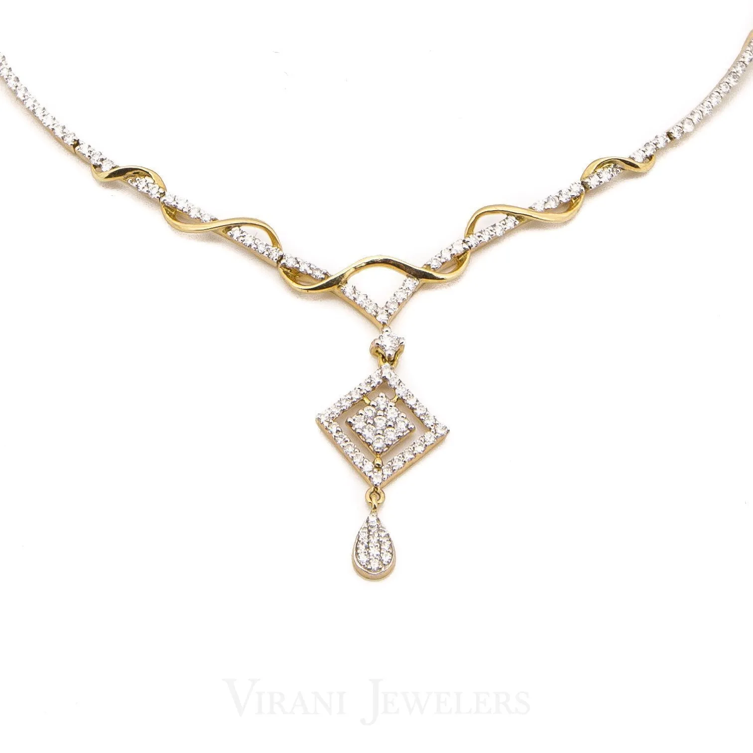 3.73CT Diamond Necklace and Earrings in 18K Yellow Gold W/ Double Diamond Frame Pendant