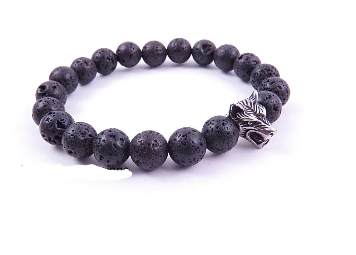 8mm Black Lava Rock Round Bead Wolf Bracelet