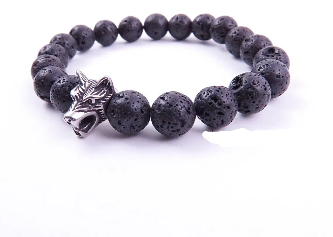 8mm Black Lava Rock Round Bead Wolf Bracelet