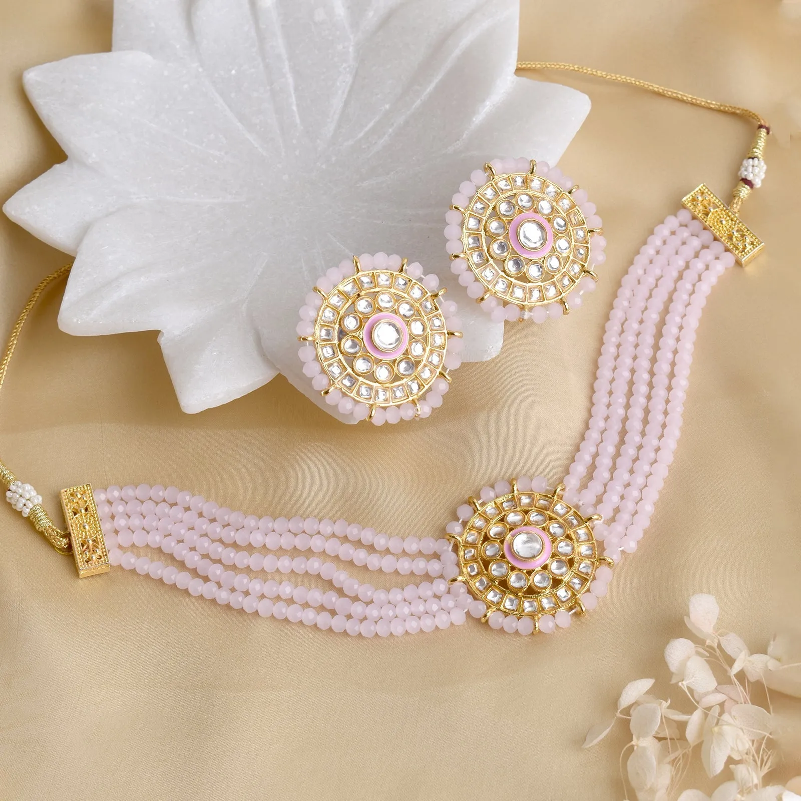 Aarya light pink beaded necklace Set