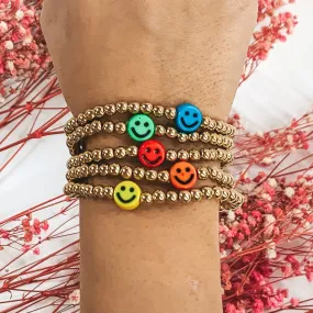 All Smiles Gold Beaded Bracelet Set with Happy Faces in Multicolored