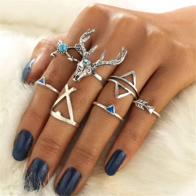 Antler Boho Stacking Rings 7 Piece Set Silver Turquoise Teepee Arrows Mix And Match Great For Festivals!