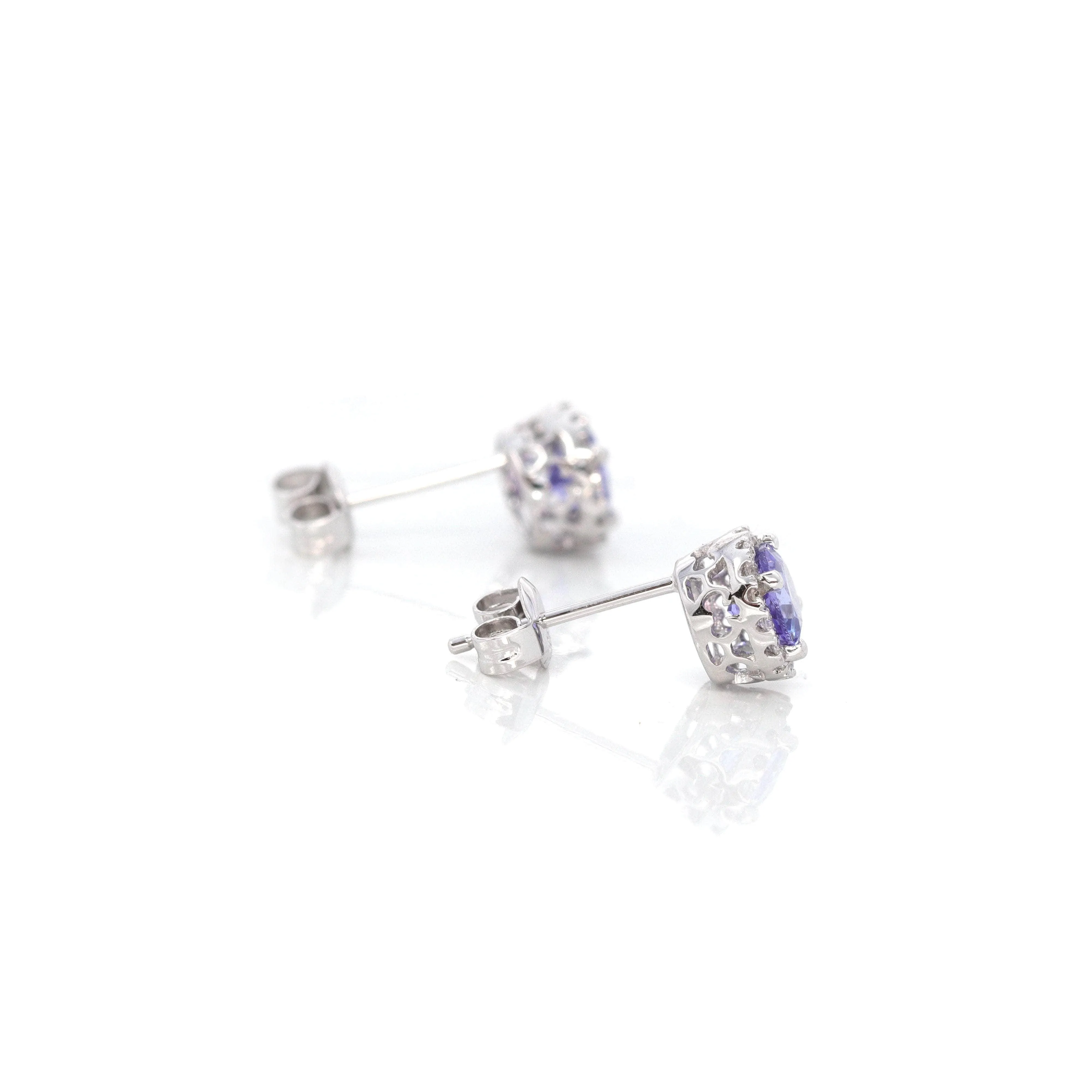 Baikalla 14k Classic White Gold Natural Round 1 CTTW Tanzanite Earrings w/Diamond Halo