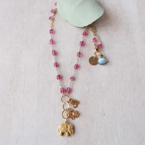 Bali In Bloom - Pink Topaz Elephant Lotus Om Pendants Necklace