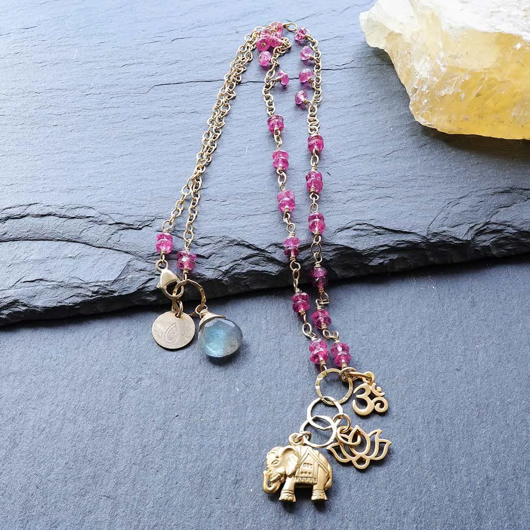 Bali In Bloom - Pink Topaz Elephant Lotus Om Pendants Necklace