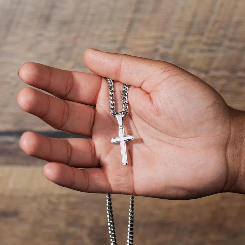 Baptism or Confirmation Gift For Son, Strength and Wisdom, Men's Christian Cross Necklace with Cuban Chain, Custom Name Message Card