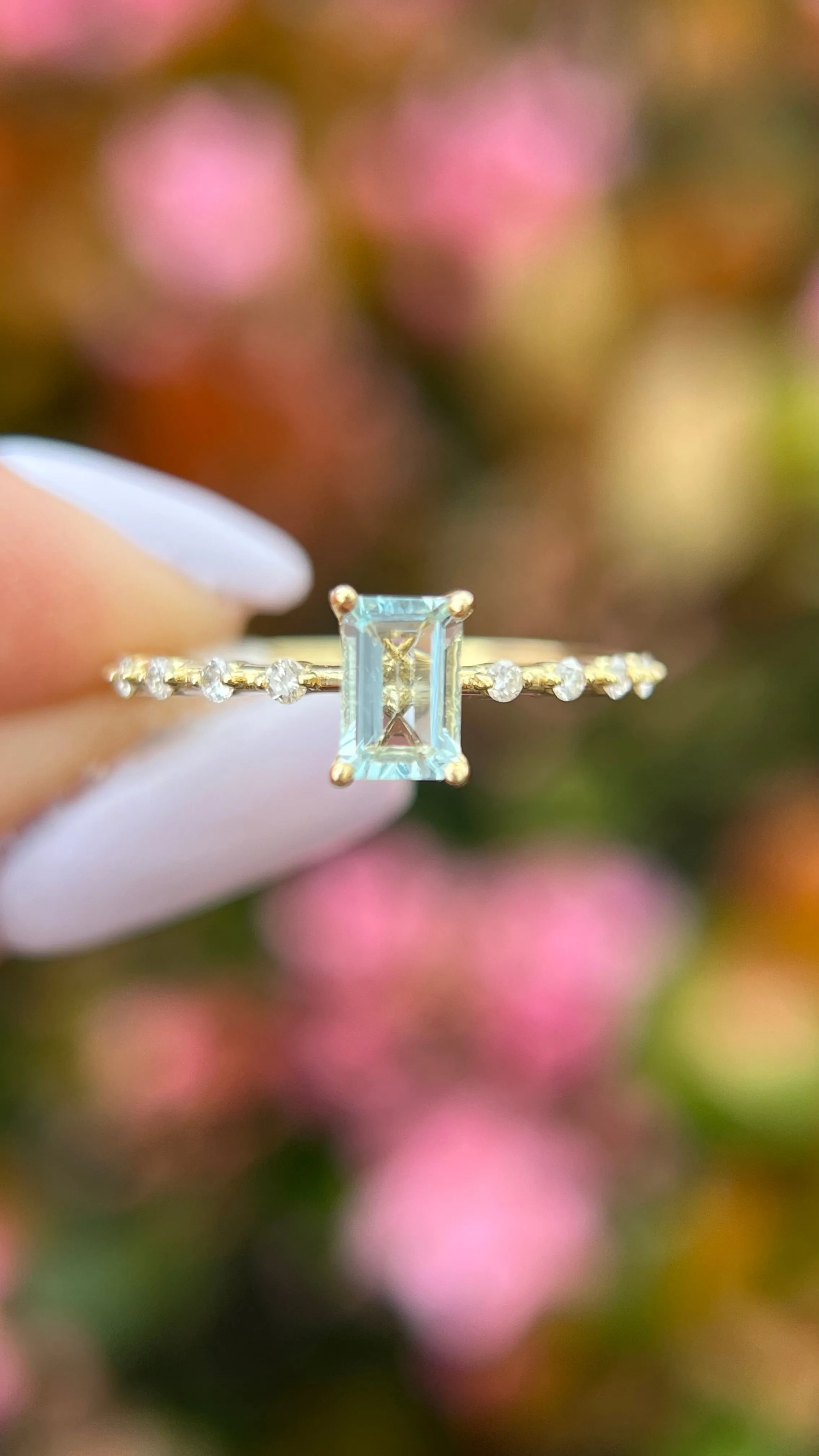 Bella 6x4mm 0.45ct Emerald Cut Aquamarine Spaced Diamond Ring 14K Gold DFR032