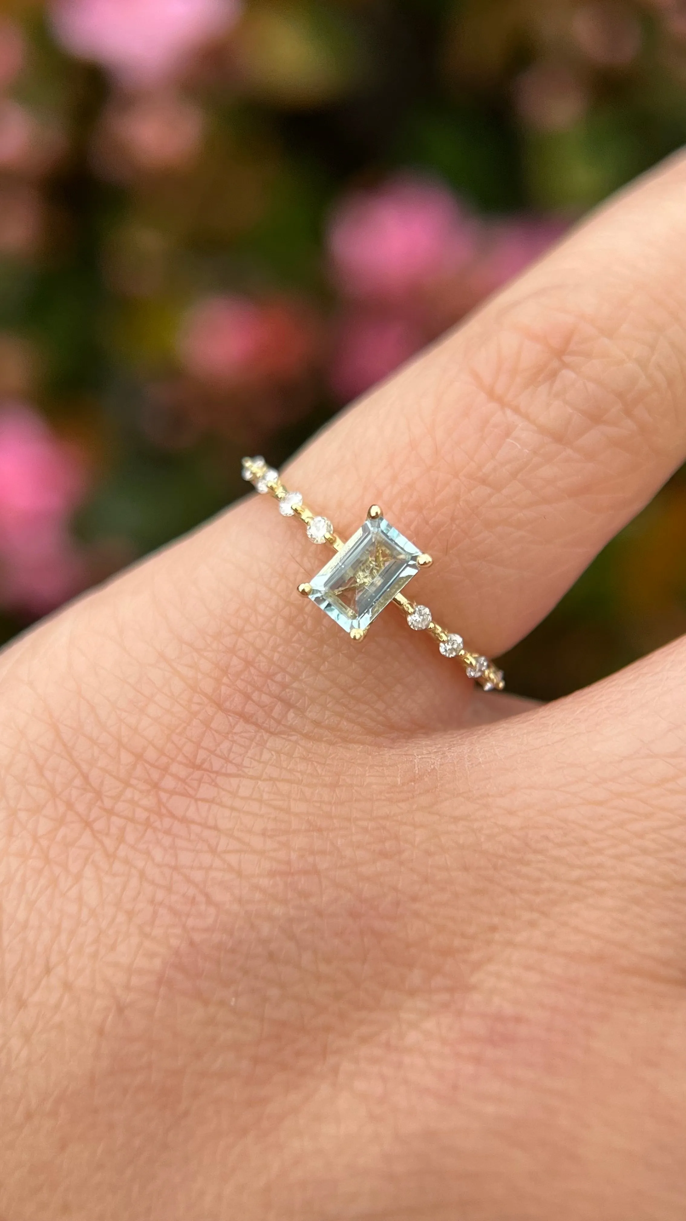 Bella 6x4mm 0.45ct Emerald Cut Aquamarine Spaced Diamond Ring 14K Gold DFR032