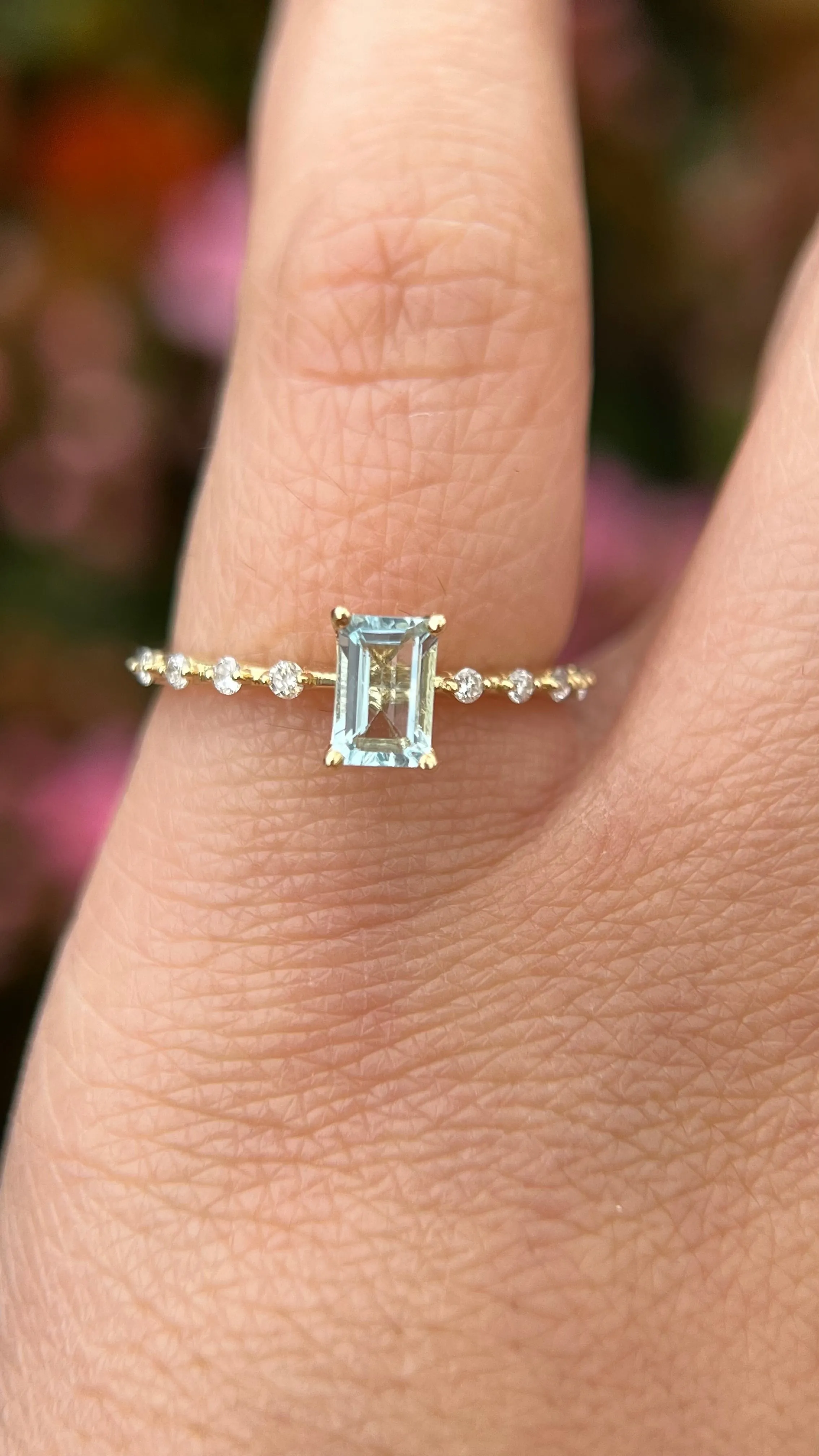 Bella 6x4mm 0.45ct Emerald Cut Aquamarine Spaced Diamond Ring 14K Gold DFR032