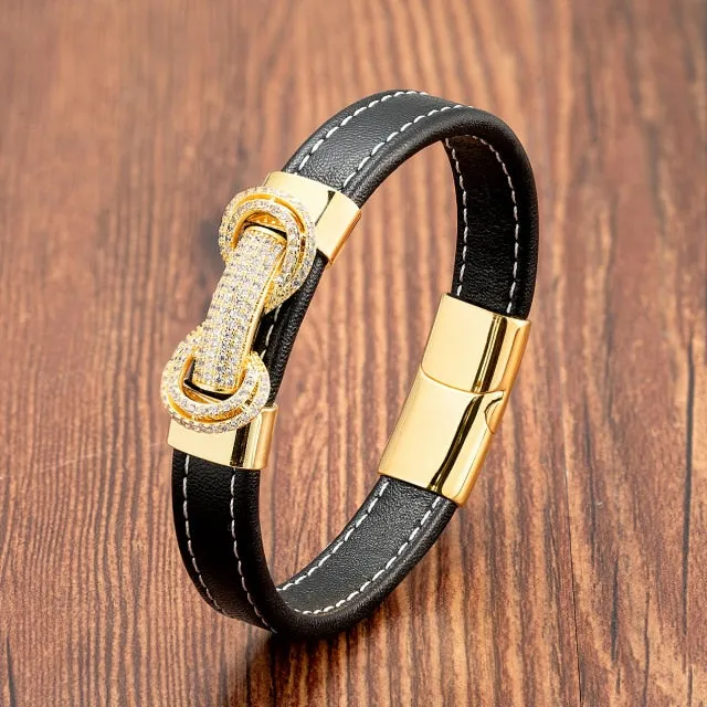 Black Leather Luxury Minimalist Bracelet with Micro CZ Inlay 9