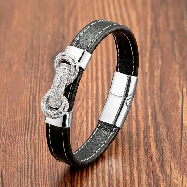 Black Leather Luxury Minimalist Bracelet with Micro CZ Inlay 9