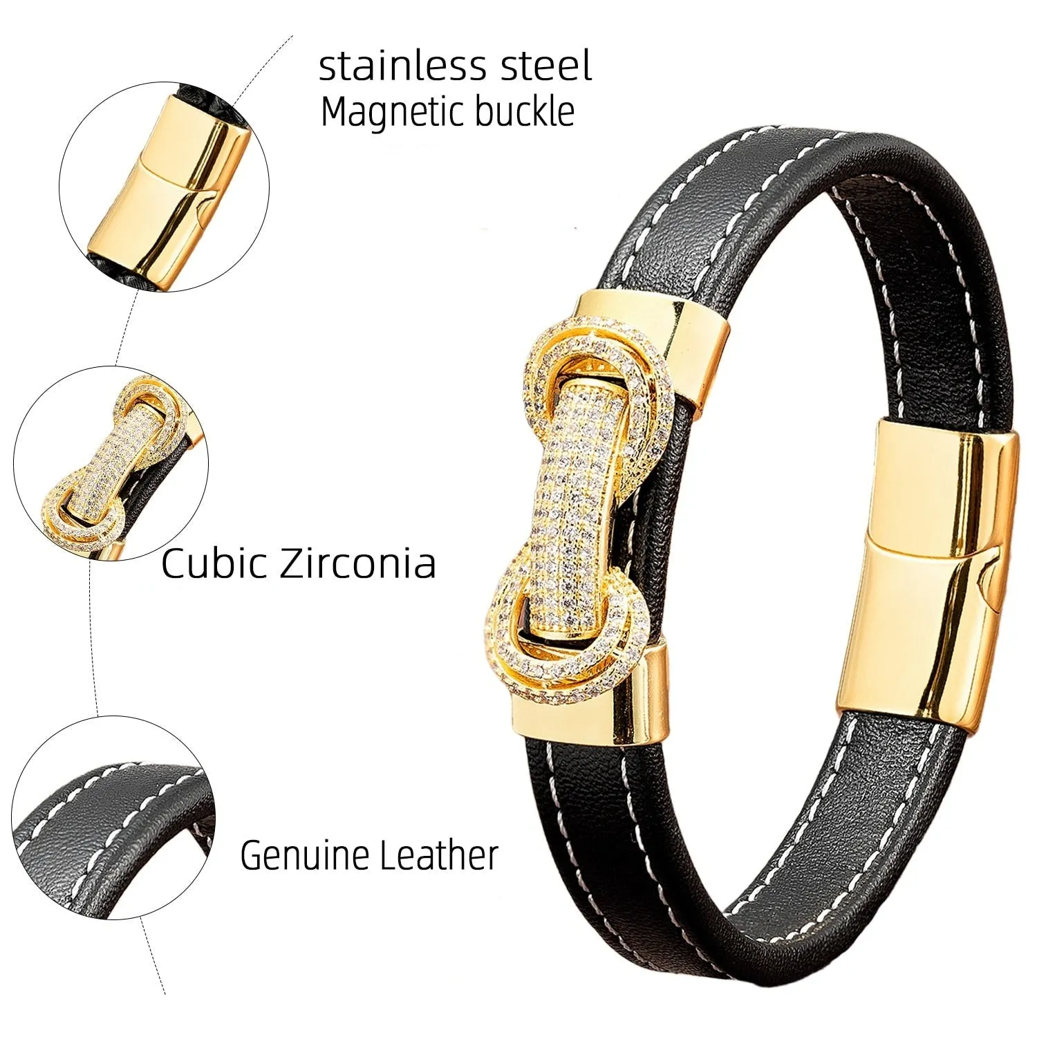 Black Leather Luxury Minimalist Bracelet with Micro CZ Inlay 9