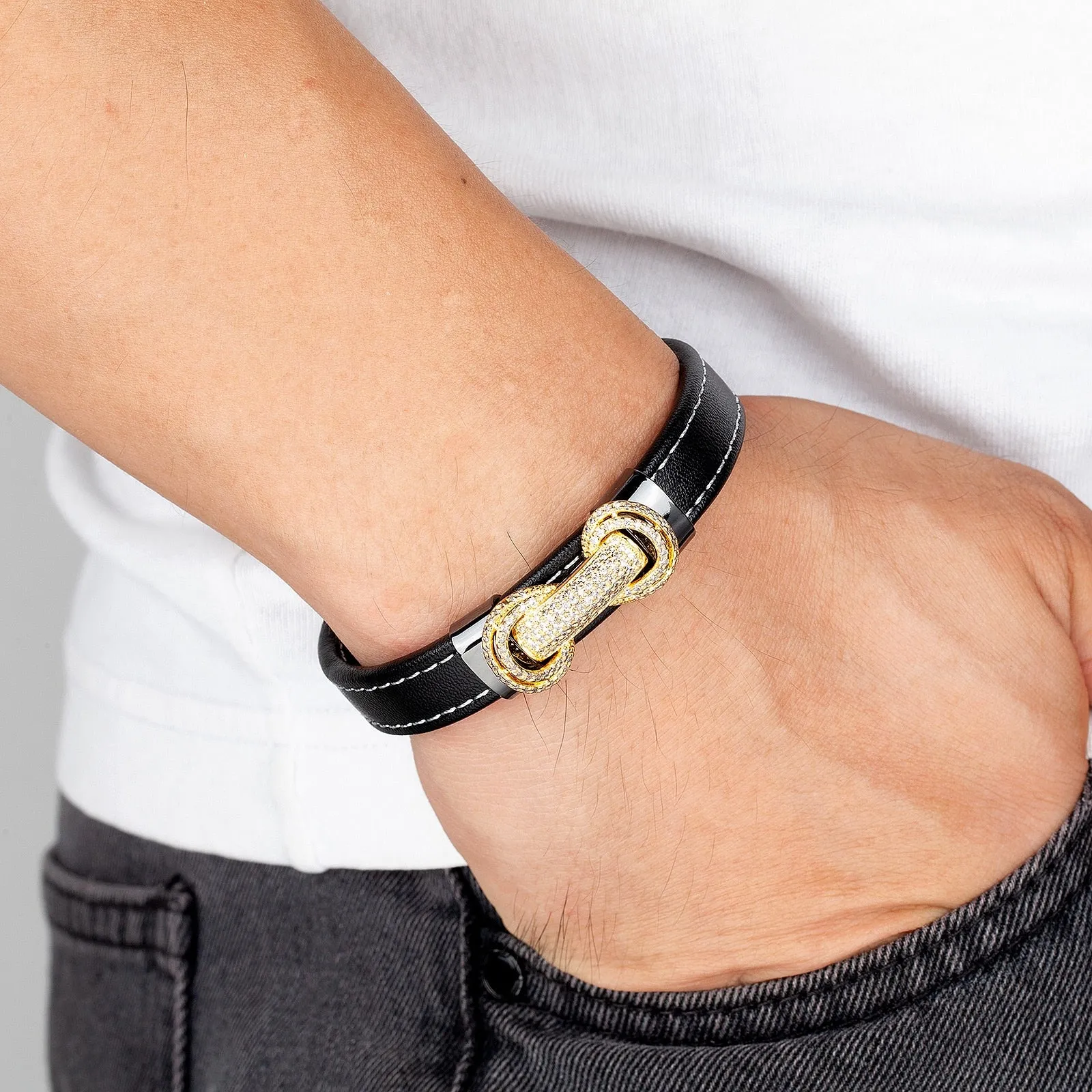 Black Leather Luxury Minimalist Bracelet with Micro CZ Inlay 9