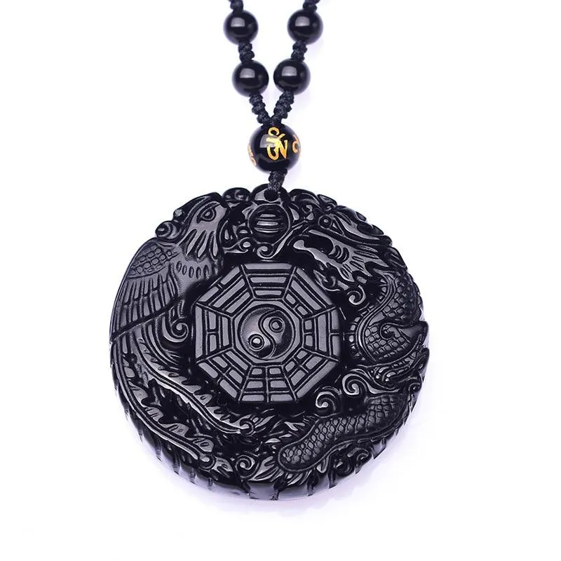 Black Obsidian Phoenix and Dragon Yin Yang Pendant Necklace