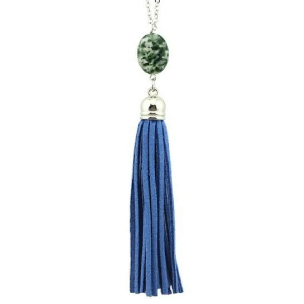 Blue Natural Stone and Tassel Silver Long Necklace