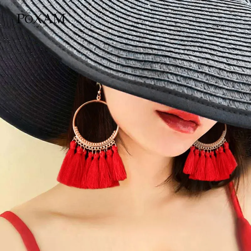 Bohemian Big Tassel Earrings For Women Vintage Silk Fabric Fringe