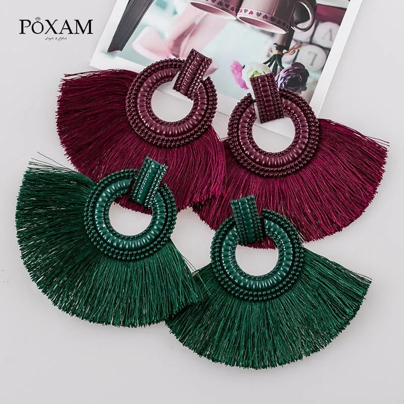 Bohemian Big Tassel Earrings For Women Vintage Silk Fabric Fringe