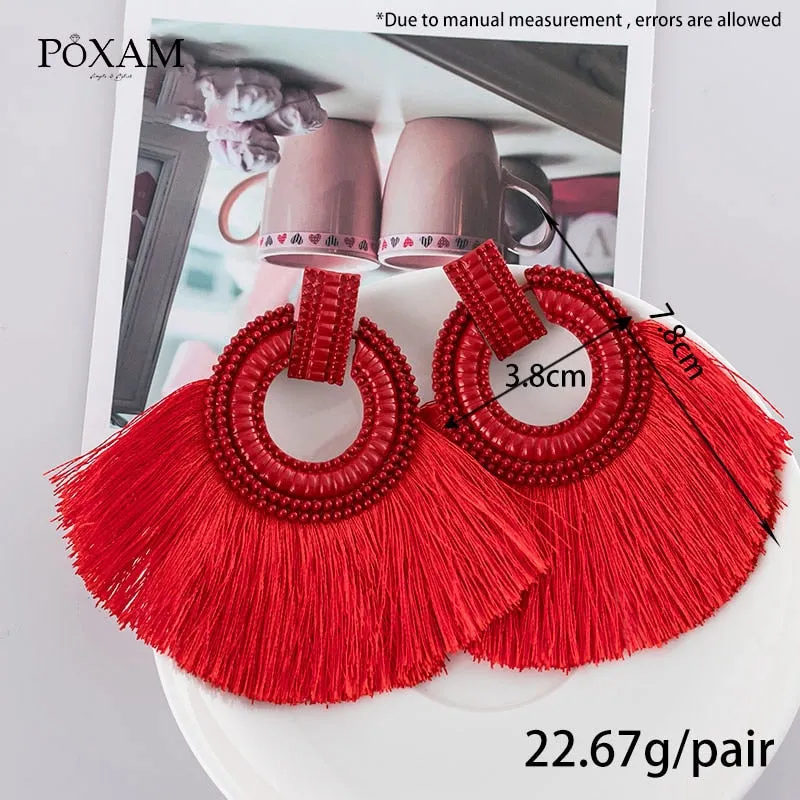 Bohemian Big Tassel Earrings For Women Vintage Silk Fabric Fringe