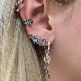 Boho Stacking Earrings Set 7 Pieces Silver Dangle Dreamcatcher Turquoise Stud Ear Cuffs Heart Crescent Moon Gypsy Festival Jewelry