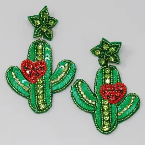 Cactus Sequin & Glass Beaded Drop Earrings