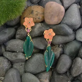 Carved Flower Carnelian with Green Agate stud with Rhodolite Garnet & Carved Leaf Green Agate Twinset Earrings