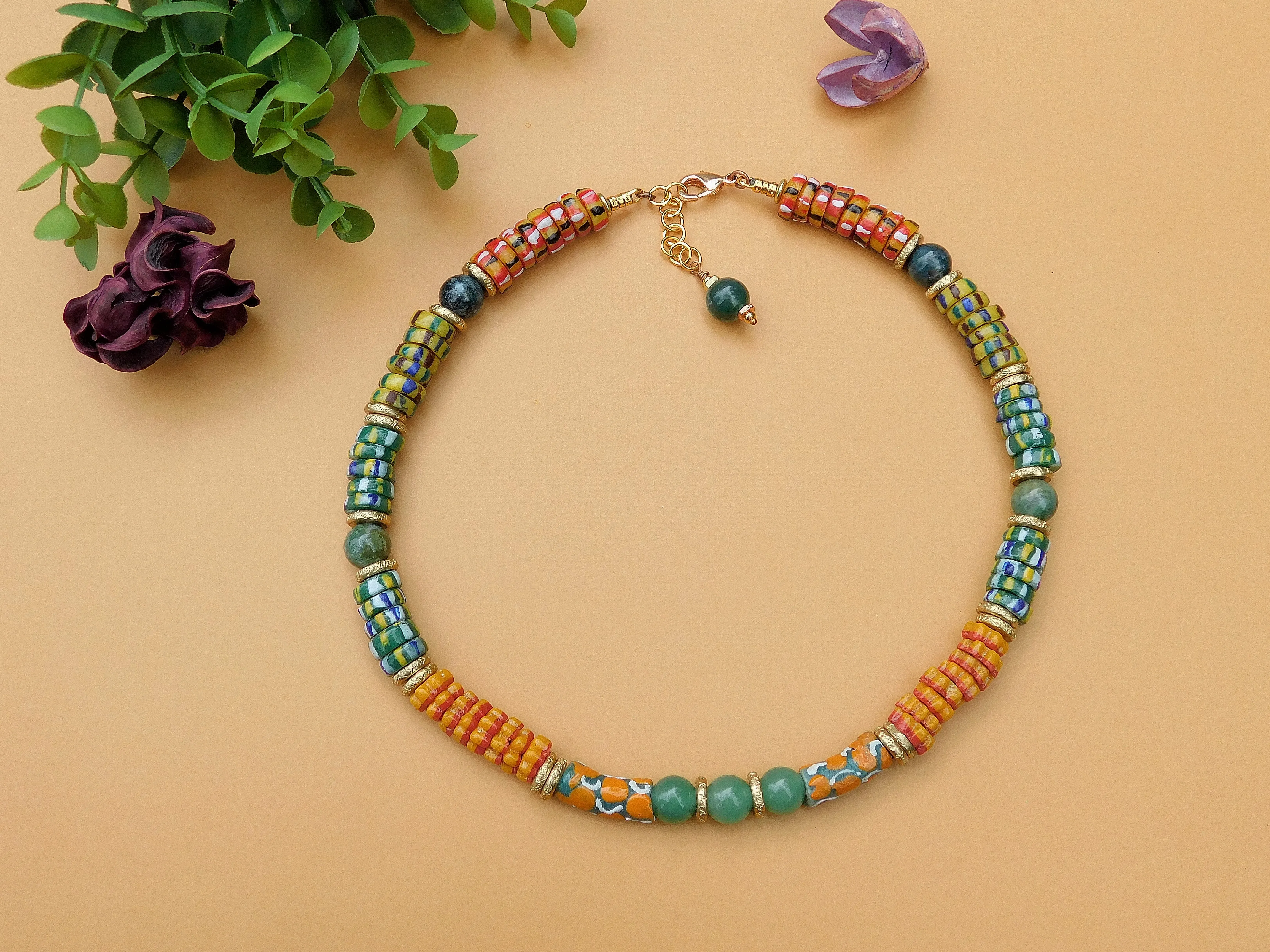 Chevron Style and Flower Krobo Necklace