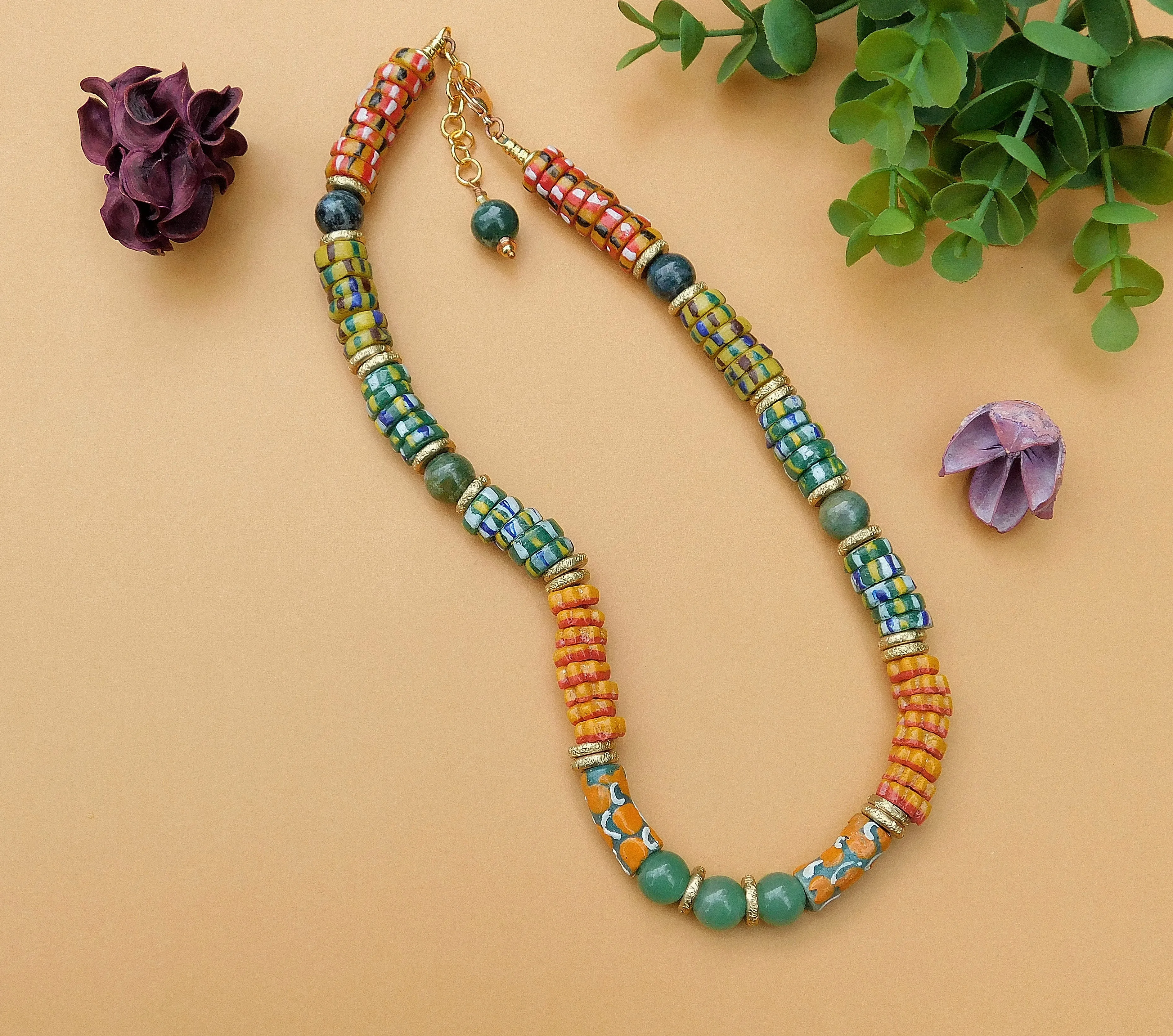 Chevron Style and Flower Krobo Necklace