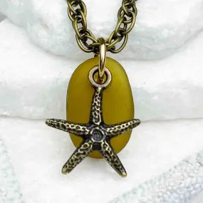 Citron Sea Glass Pendant with Bronze Starfish Charm | #5129