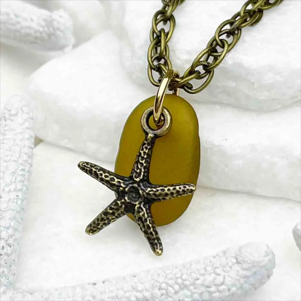 Citron Sea Glass Pendant with Bronze Starfish Charm | #5129