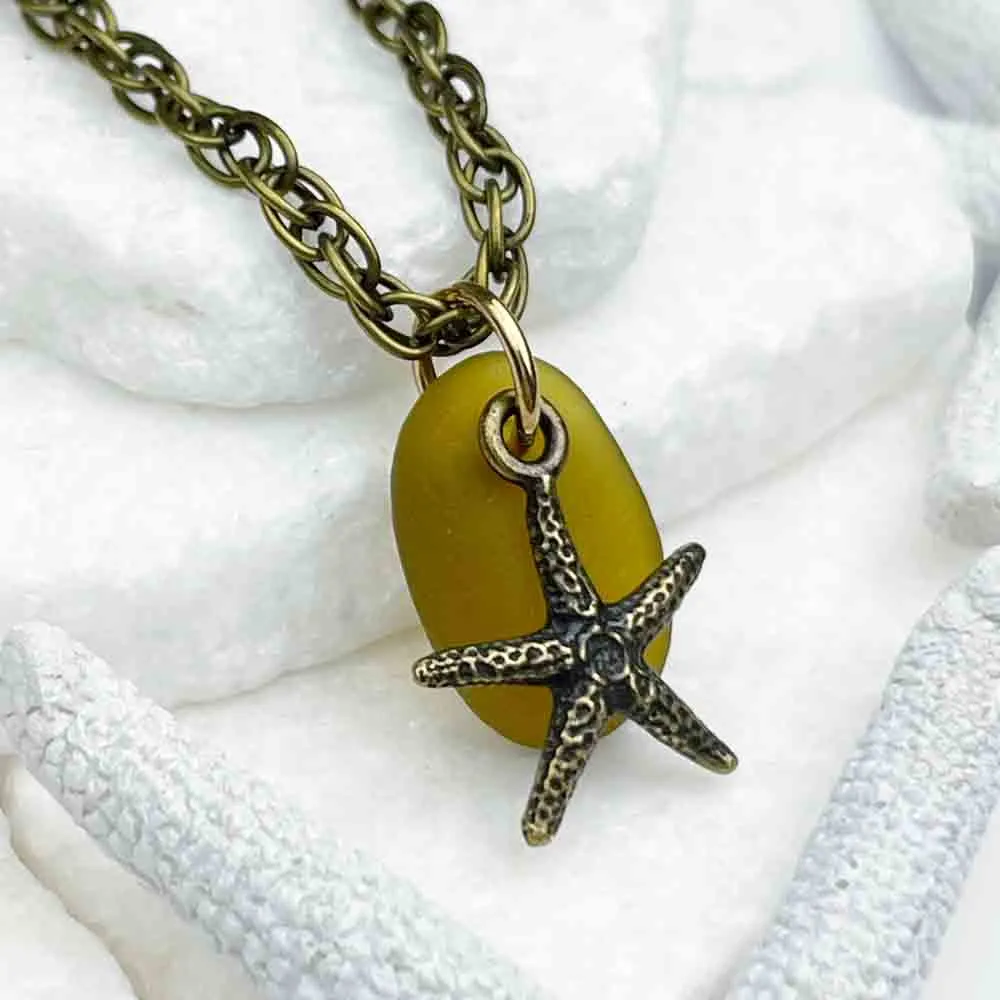 Citron Sea Glass Pendant with Bronze Starfish Charm | #5129