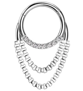 Clear CZ Double Dangle Chain Titanium Hinged Segment Ring