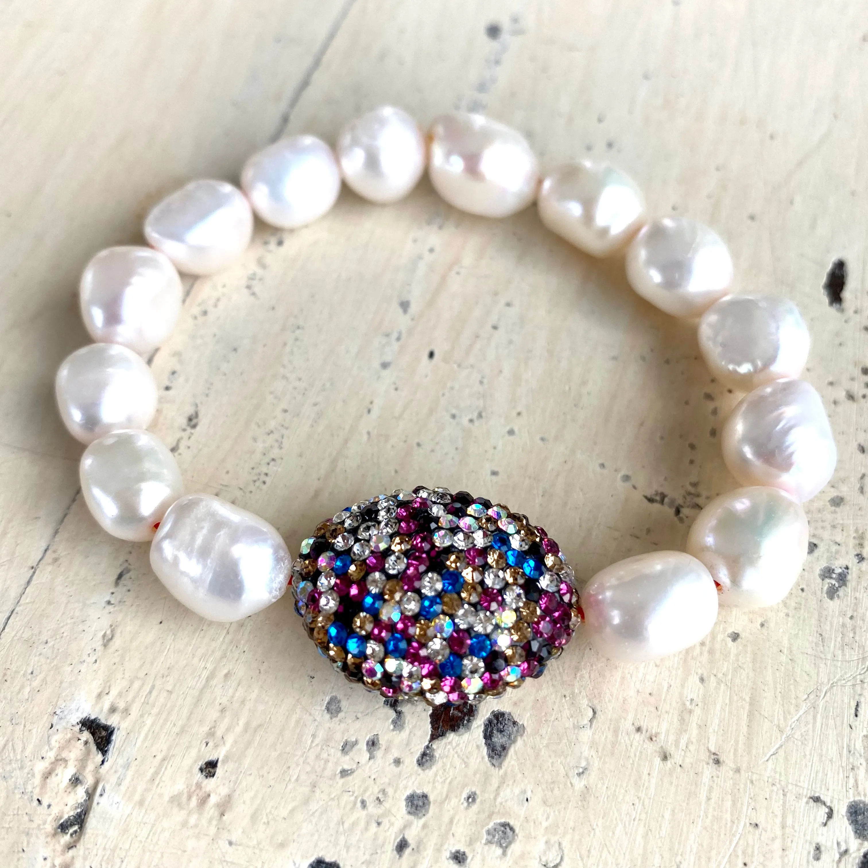 Colourful White Pearl Bracelet, Fresh Water Pearl Stretchy Bracelet