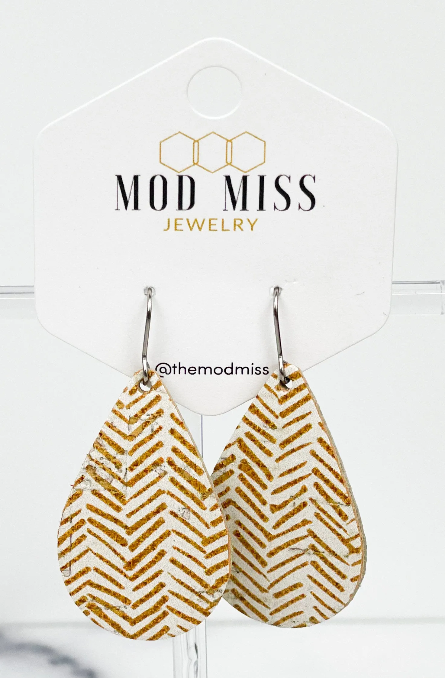 Cork Leather Teardrop Earring Golden Honey Chevron