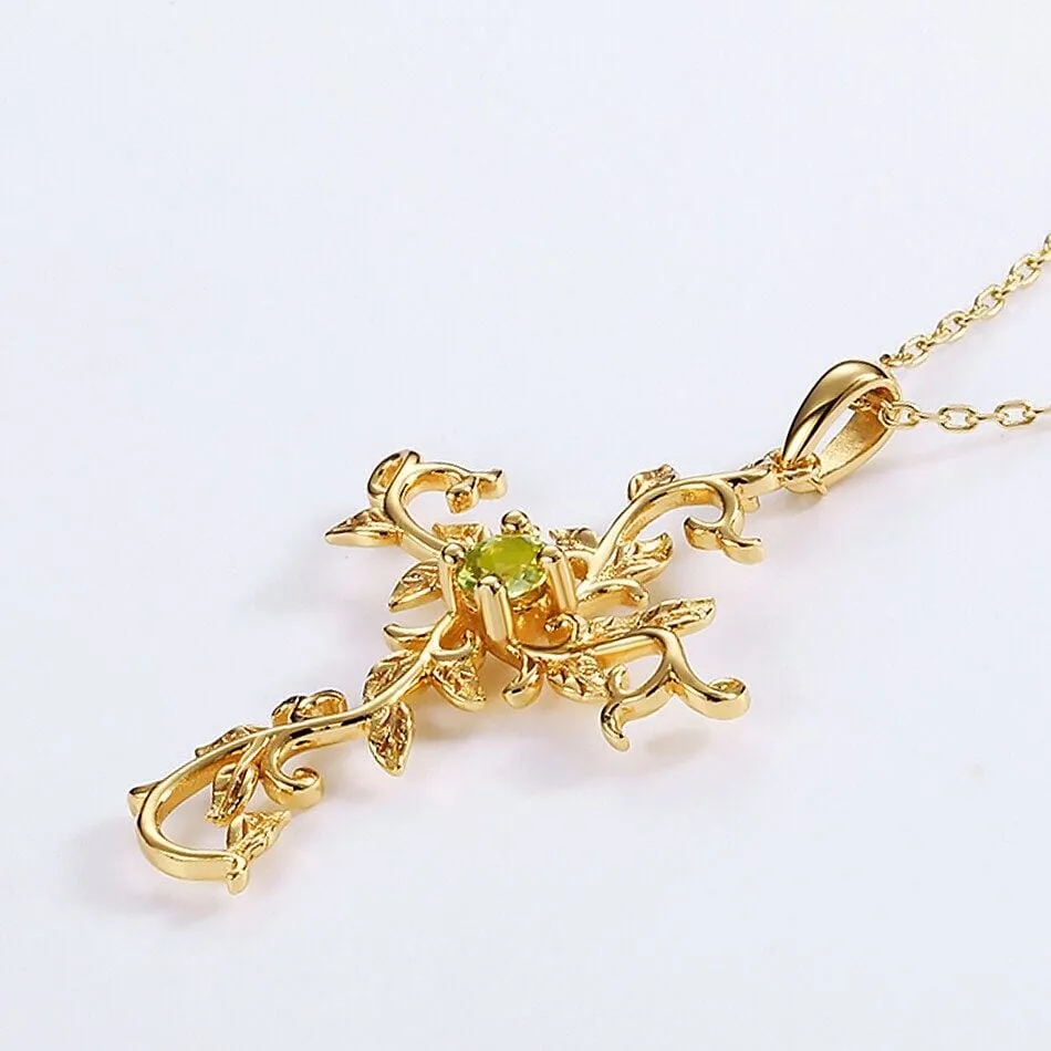 Cross Vine Flower Peridot Pendant Necklace- 925 Sterling Silver