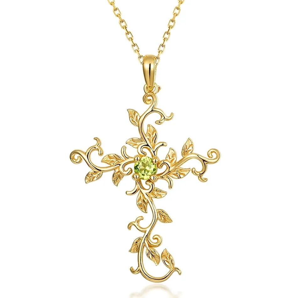 Cross Vine Flower Peridot Pendant Necklace- 925 Sterling Silver