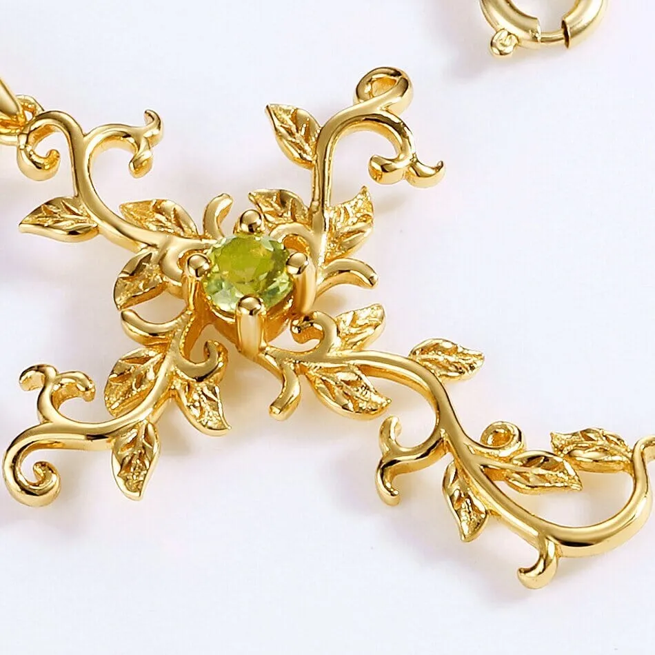 Cross Vine Flower Peridot Pendant Necklace- 925 Sterling Silver