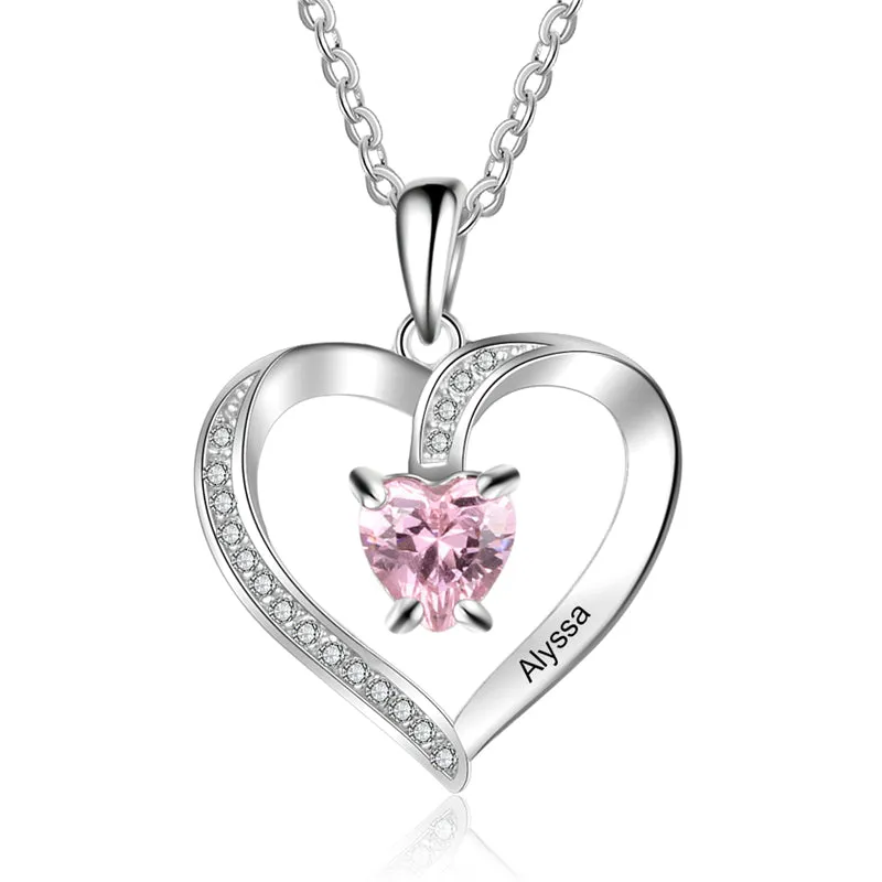 Custom Heart Cut Stone and Engraved Name Heart Pendant Necklace .925 Silver